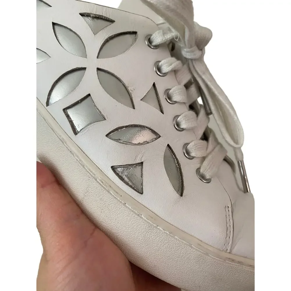 Michael Kors White Leather Platform Mimi Sneakers Size 8 Floral Casual Metallic